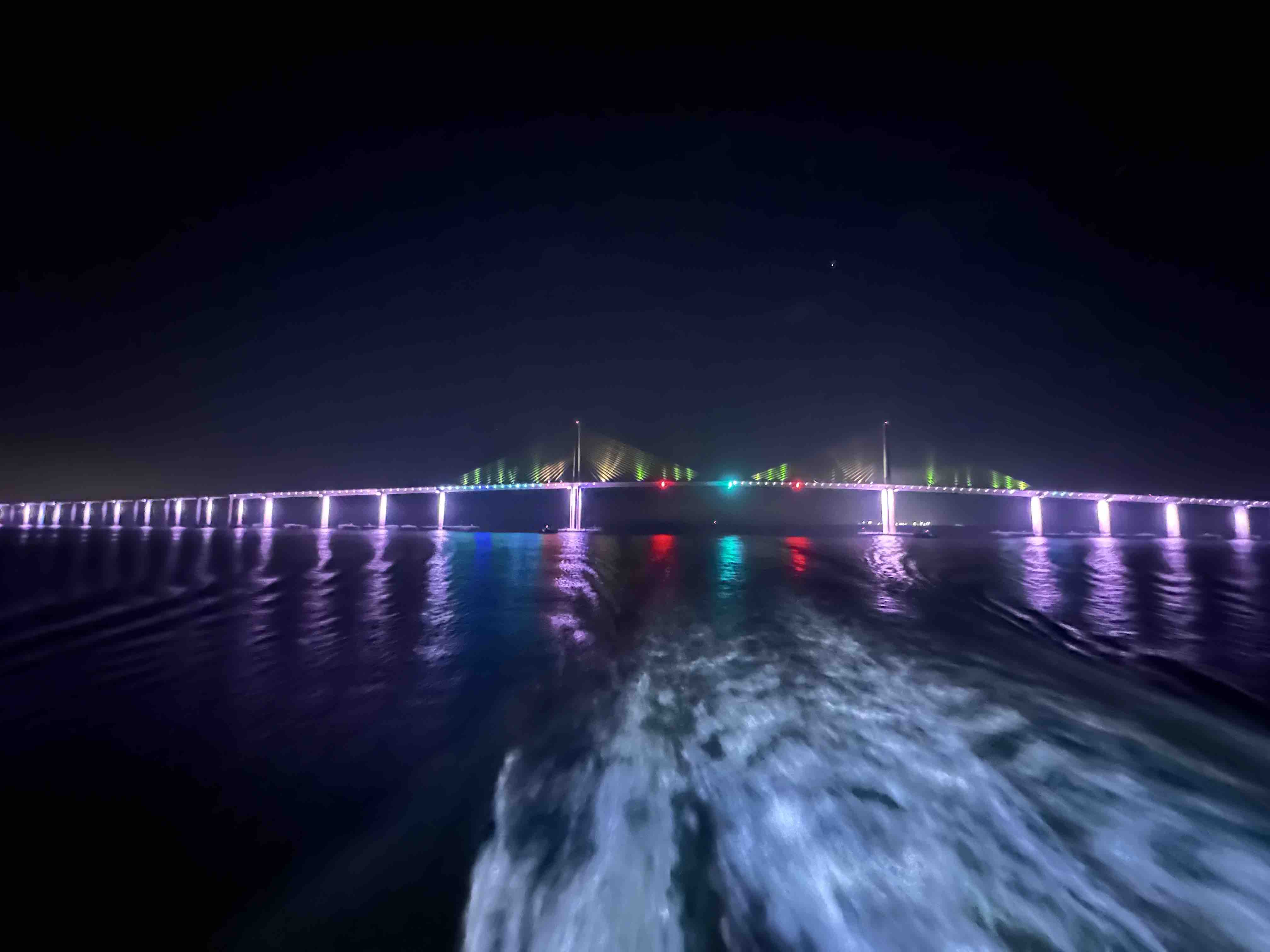 Sunshine Skyway Bridge lit up at night from River Skipper II